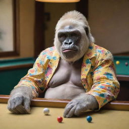 An albino gorilla, sporting a colorful button-up shirt half-open, puffing on a cigar with yellow-tinted sunglasses on, immersed in a game of pool.