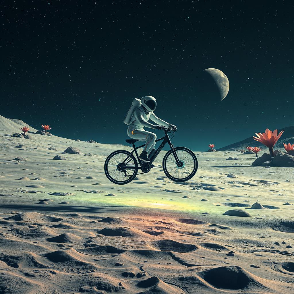 a futuristic sci-fi scene on the neo moon, featuring a person flying on a high-tech bicycle through the cratered lunar landscape, illuminated by the eerie glow of distant stars and celestial bodies