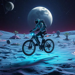 a futuristic sci-fi scene on the neo moon, featuring a person flying on a high-tech bicycle through the cratered lunar landscape, illuminated by the eerie glow of distant stars and celestial bodies