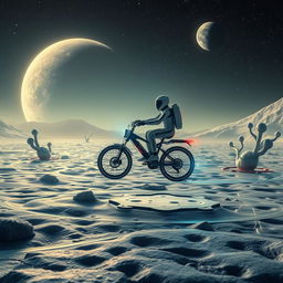 a futuristic sci-fi scene on the neo moon, featuring a person flying on a high-tech bicycle through the cratered lunar landscape, illuminated by the eerie glow of distant stars and celestial bodies