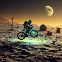 a futuristic sci-fi scene on the neo moon, featuring a person flying on a high-tech bicycle through the cratered lunar landscape, illuminated by the eerie glow of distant stars and celestial bodies