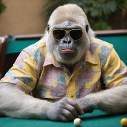 An albino gorilla, sporting a colorful button-up shirt half-open, puffing on a cigar with yellow-tinted sunglasses on, immersed in a game of pool.