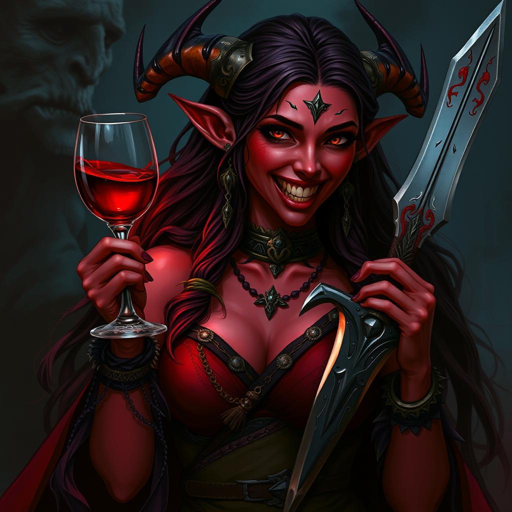 A captivating female Tiefling druid with striking red skin and vampire teeth