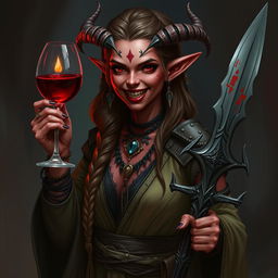 A captivating female Tiefling druid with striking red skin and vampire teeth