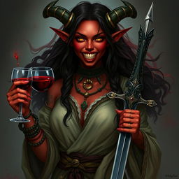 A captivating female Tiefling druid with striking red skin and vampire teeth