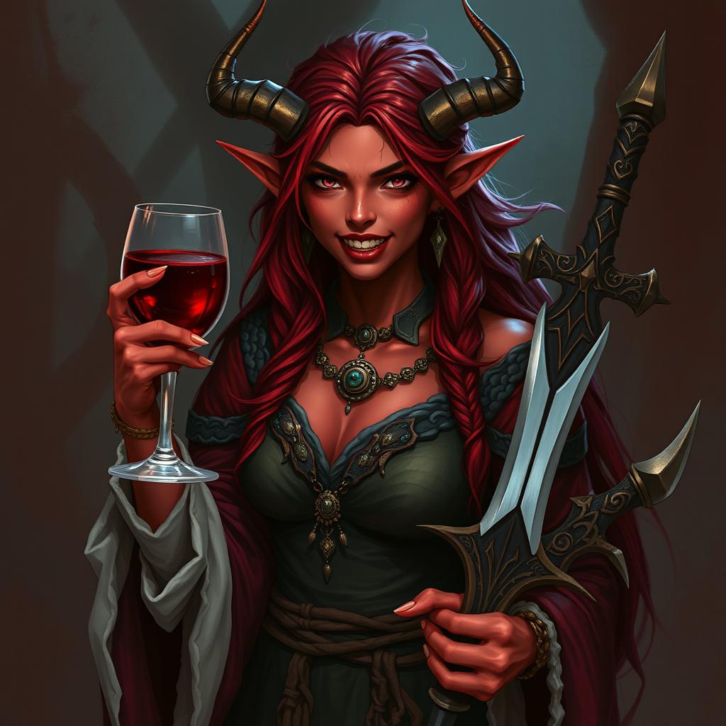 A captivating female Tiefling druid with striking red skin and vampire teeth