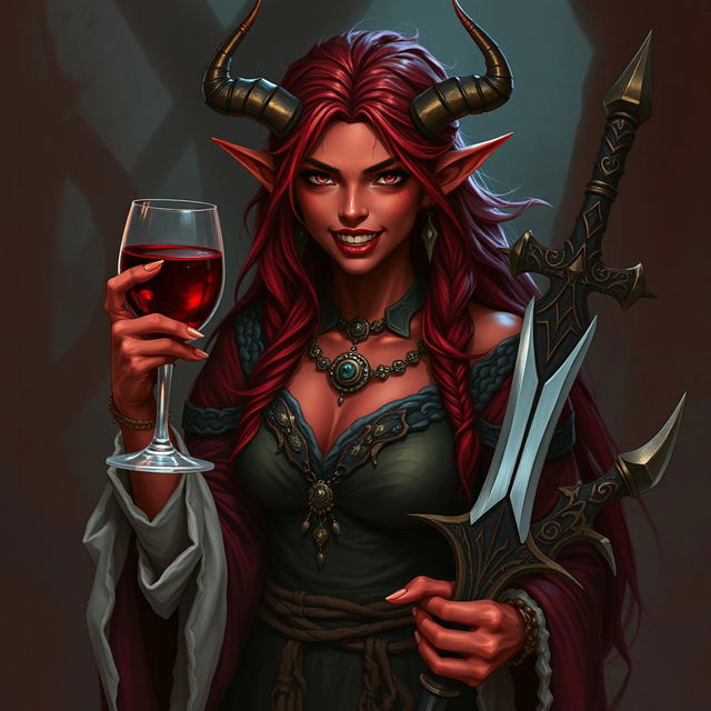 A captivating female Tiefling druid with striking red skin and vampire teeth