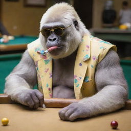 An albino gorilla, sporting a colorful button-up shirt half-open, puffing on a cigar with yellow-tinted sunglasses on, immersed in a game of pool.