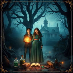 A mystical, enchanted forest at night with ancient trees and a mysterious mansion in the background, setting the scene for a modern fantasy romance