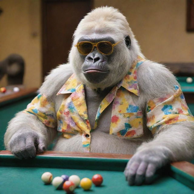 An albino gorilla, sporting a colorful button-up shirt half-open, puffing on a cigar with yellow-tinted sunglasses on, immersed in a game of pool.