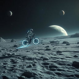 a futuristic sci-fi scene titled "Neo Moon," featuring a person flying on a high-tech bicycle over the moon's cratered and barren surface, under the luminous glow of distant stars and celestial bodies