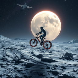 a futuristic sci-fi scene titled "Neo Moon," featuring a person flying on a high-tech bicycle over the moon's cratered and barren surface, under the luminous glow of distant stars and celestial bodies