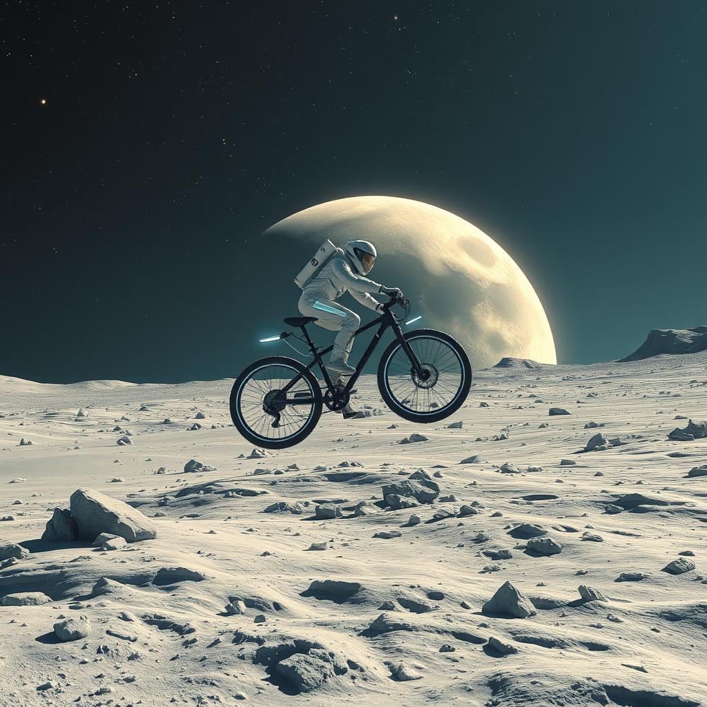 a futuristic sci-fi scene titled "Neo Moon," featuring a person flying on a high-tech bicycle over the moon's cratered and barren surface, under the luminous glow of distant stars and celestial bodies