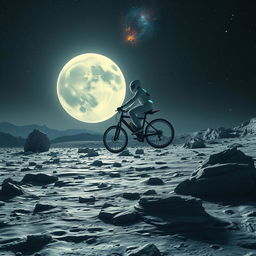 a futuristic sci-fi scene titled "Neo Moon," featuring a person flying on a high-tech bicycle over the moon's cratered and barren surface, under the luminous glow of distant stars and celestial bodies