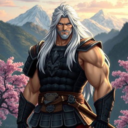 A strong, confident, muscular warrior with long white hair, wearing traditional samurai armor, standing tall against a backdrop of lush mountains and cherry blossom trees