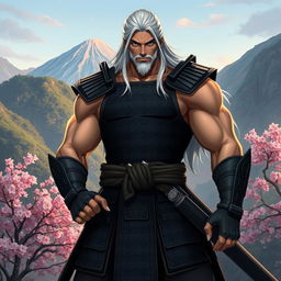 A strong, confident, muscular warrior with long white hair, wearing traditional samurai armor, standing tall against a backdrop of lush mountains and cherry blossom trees