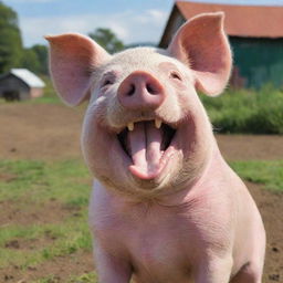 A friendly and jovial pig with a caricature of a person named Juanpis, laughing together in a vibrant farm setting.