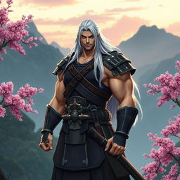 A strong, confident, muscular warrior with long white hair, wearing traditional samurai armor, standing tall against a backdrop of lush mountains and cherry blossom trees