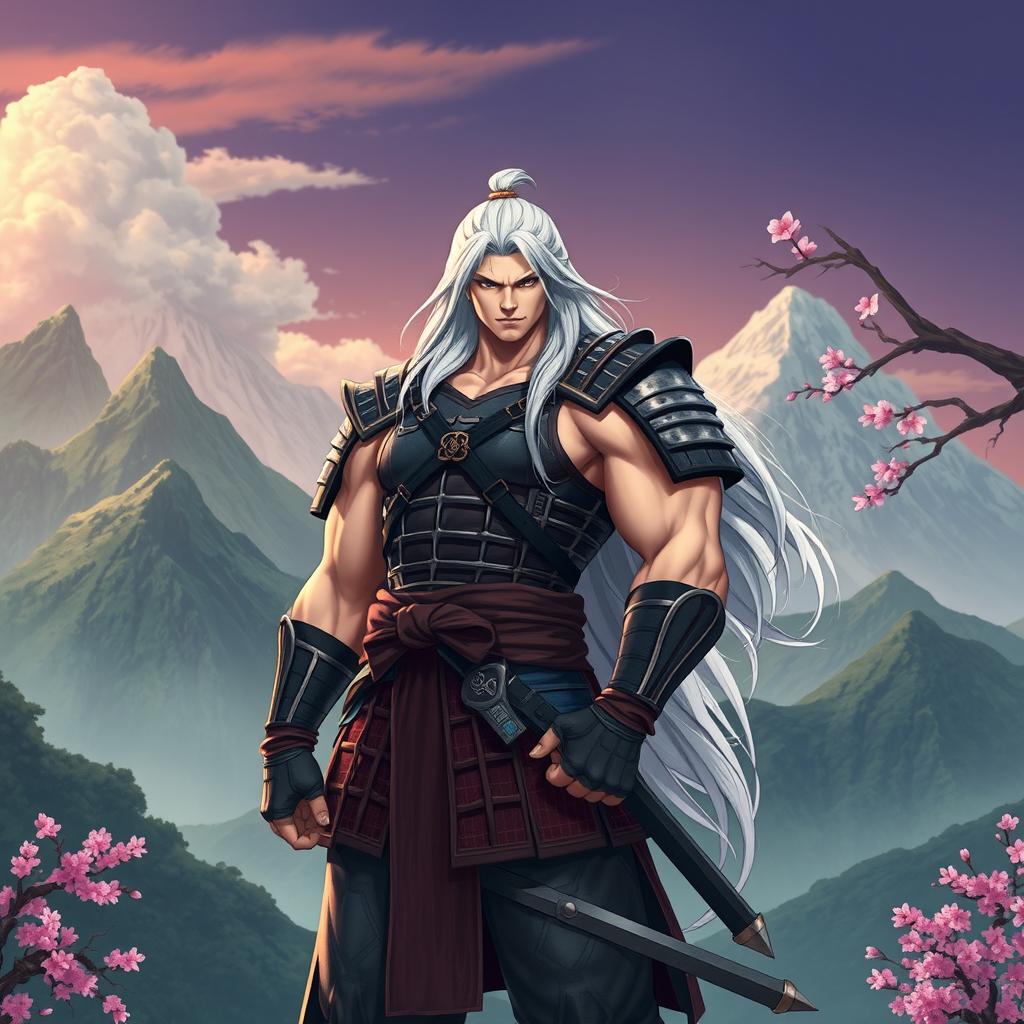 A strong, confident, muscular warrior with long white hair, wearing traditional samurai armor, standing tall against a backdrop of lush mountains and cherry blossom trees