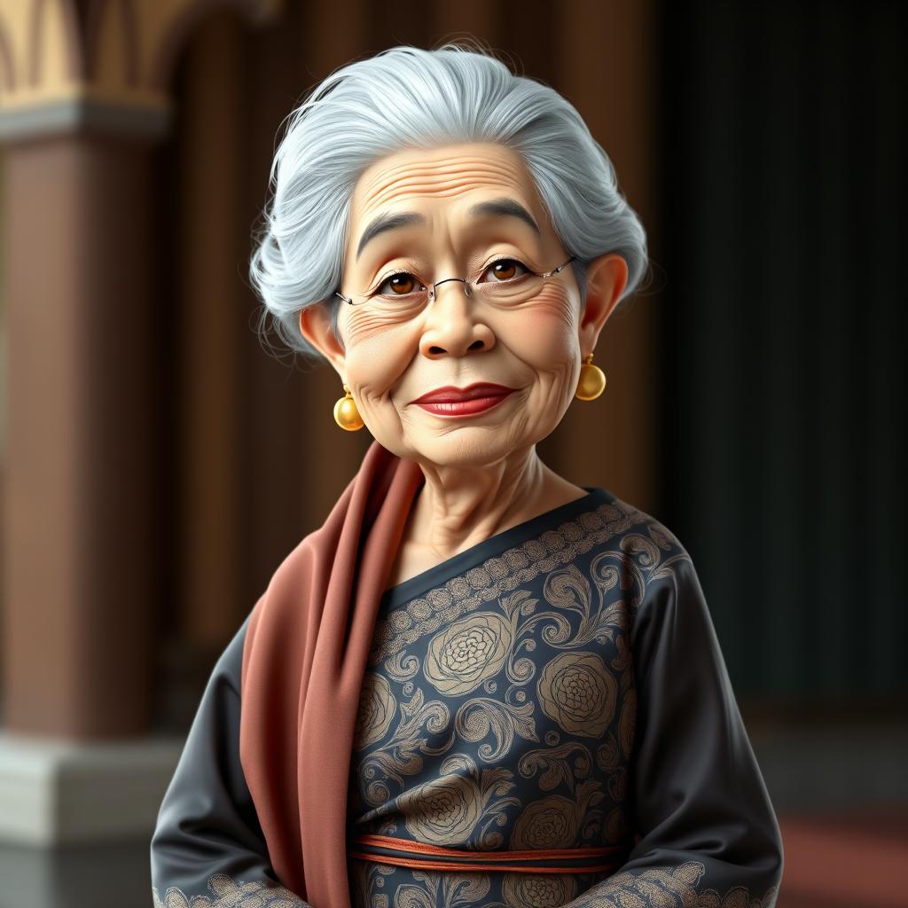 A realistic 4D caricature of a 60-year-old grandmother dressed in traditional Batak kebaya with an elegant shawl