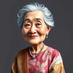 A realistic 4D caricature of a 60-year-old grandmother dressed in traditional Batak kebaya with an elegant shawl