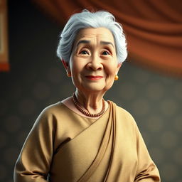 A realistic 4D caricature of a 60-year-old grandmother dressed in traditional Batak kebaya with an elegant shawl