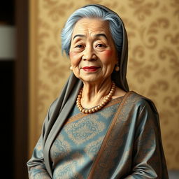 A realistic 4D caricature of a 60-year-old grandmother dressed in traditional Batak kebaya with an elegant shawl