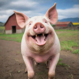 A friendly and jovial pig with a caricature of a person named Juanpis, laughing together in a vibrant farm setting.