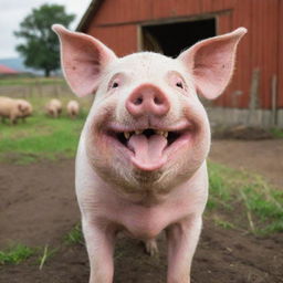 A friendly and jovial pig with a caricature of a person named Juanpis, laughing together in a vibrant farm setting.