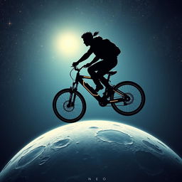 a scene from the sci-fi film "Neo Moon," featuring a silhouette of a person with dark features flying on a futuristic bicycle high above the moon, against the vastness of space