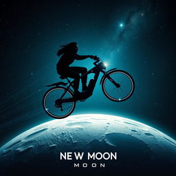 a scene from the sci-fi film "Neo Moon," featuring a silhouette of a person with dark features flying on a futuristic bicycle high above the moon, against the vastness of space