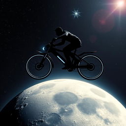 a scene from the sci-fi film "Neo Moon," featuring a silhouette of a person with dark features flying on a futuristic bicycle high above the moon, against the vastness of space