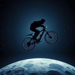 a scene from the sci-fi film "Neo Moon," featuring a silhouette of a person with dark features flying on a futuristic bicycle high above the moon, against the vastness of space