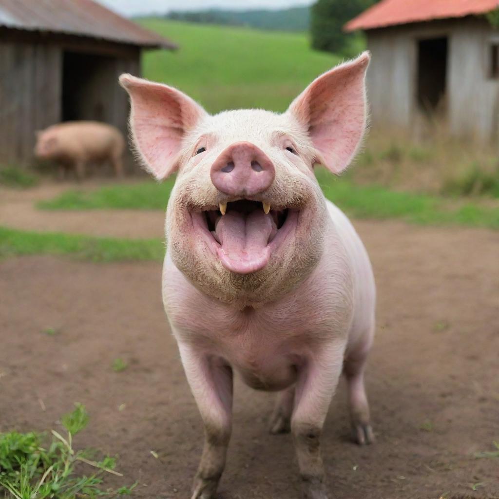 A friendly and jovial pig with a caricature of a person named Juanpis, laughing together in a vibrant farm setting.