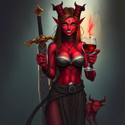 A mystical druid tiefling with vibrant red skin and sharp vampire teeth stands confidently