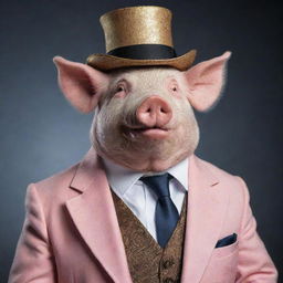 A pig with a snooty or arrogant demeanor, dressed in exaggerated upper-class clothes.