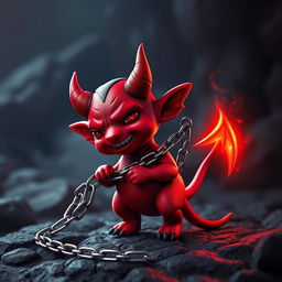 A small, mischievous devil pet with small horns, a long pointed tail, and red skin, holding a shiny metal chain as a leash