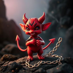 A small, mischievous devil pet with small horns, a long pointed tail, and red skin, holding a shiny metal chain as a leash