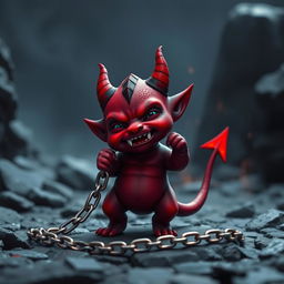 A small, mischievous devil pet with small horns, a long pointed tail, and red skin, holding a shiny metal chain as a leash