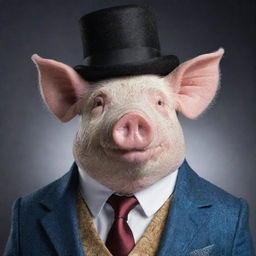 A pig with a snooty or arrogant demeanor, dressed in exaggerated upper-class clothes.