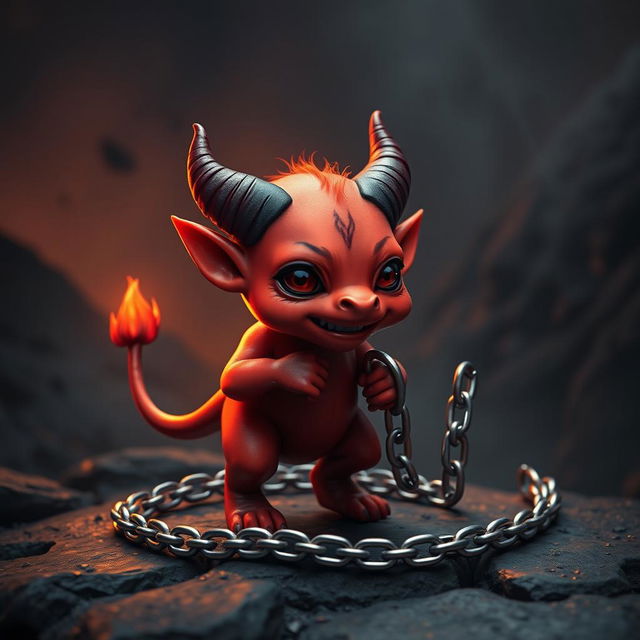 A small, mischievous devil pet with small horns, a long pointed tail, and red skin, holding a shiny metal chain as a leash