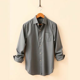 A stylish and modern shirt displayed on a wooden hanger against a light beige background