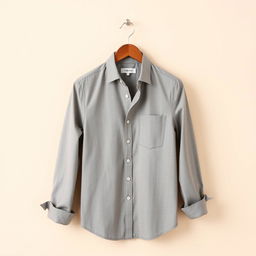 A stylish and modern shirt displayed on a wooden hanger against a light beige background