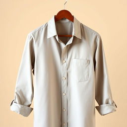 A stylish and modern shirt displayed on a wooden hanger against a light beige background