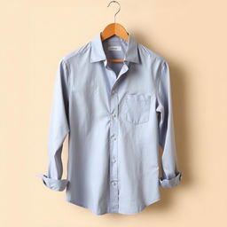 A stylish and modern shirt displayed on a wooden hanger against a light beige background