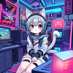 A cute cat girl playing video games, featuring cat ears, a playful expression, and a gaming headset