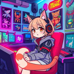 A cute cat girl playing video games, featuring cat ears, a playful expression, and a gaming headset