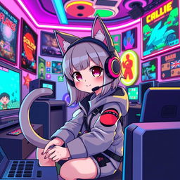 A cute cat girl playing video games, featuring cat ears, a playful expression, and a gaming headset