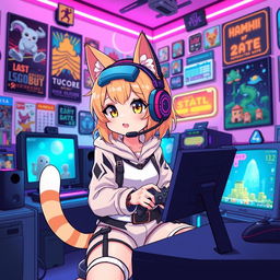 A cute cat girl playing video games, featuring cat ears, a playful expression, and a gaming headset