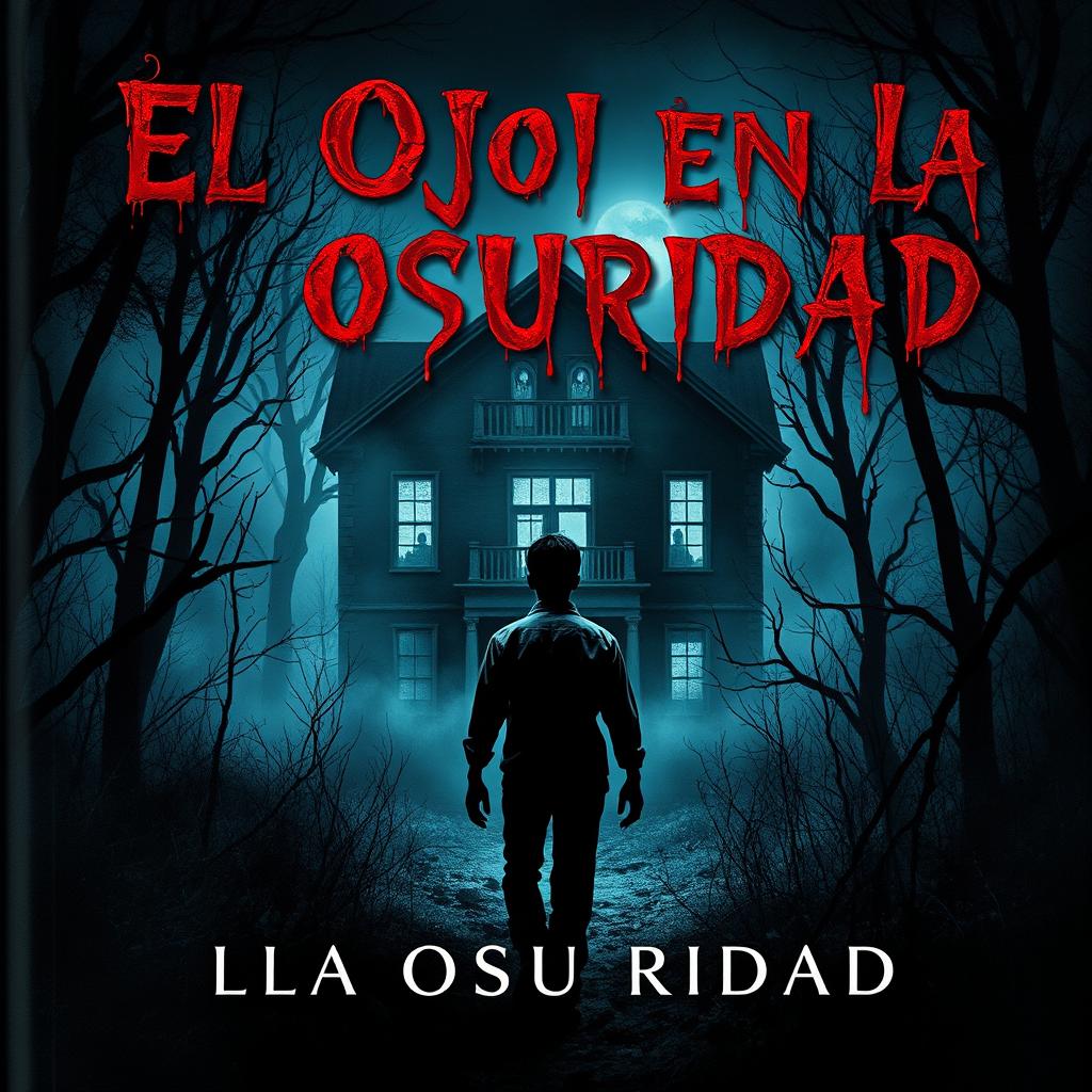 A chilling horror book cover for "El Ojo en la Oscuridad" featuring a dark, eerie forest at night